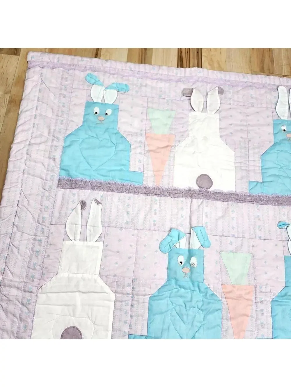Handmade Baby Quilt with Bunny Pattern Blanket in Blue, White and Lavender
